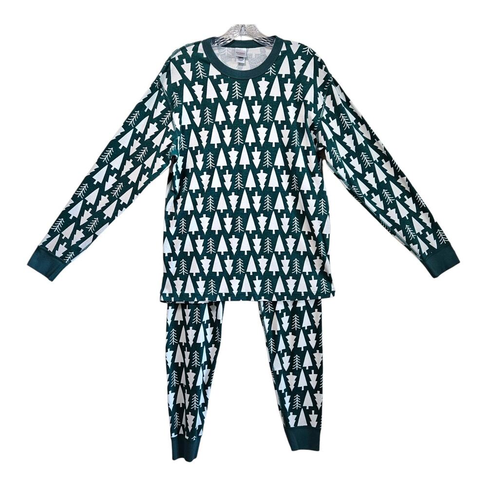 HANNA ANDERSSON Women L Pajamas Green Ivory Christmas Trees Organic Cotton 2 pc